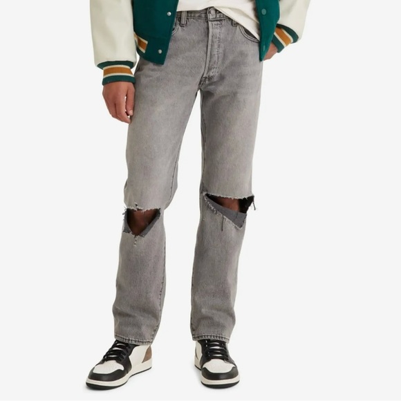 Levis 501 Jeans Mens 29x30 Gray Straight Relaxed Cotton Denim Ripped 93s Button - Picture 1 of 6